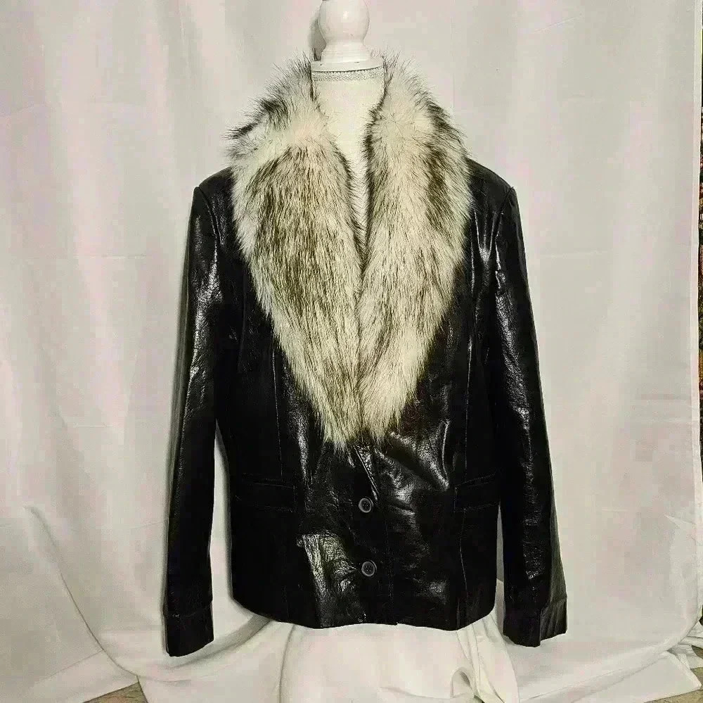 Vintage Womens Wilson's Maxima Black Leather Coat Faux Fur Collar Xl